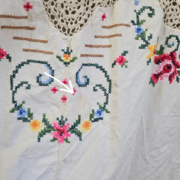 Vintage Embroidered Oval Tablecloth Ivory Cross Stitch Florals - Picture 12 of 12